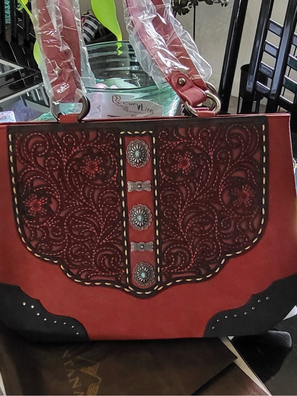 Montana West Red Embossed Tote Bag with Concho Trim